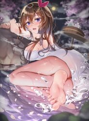 Rule 34 | 1girl, ass, bare shoulders, barefoot, bath, bathing, blue eyes, blush, breasts, brown hair, commentary, feet, foot focus, hair ornament, hair ribbon, hairclip, highres, hololive, knees together feet apart, large breasts, legs, long hair, looking at viewer, naked towel, onsen, open mouth, outdoors, ribbon, shiori (gotoo0226), sideboob, soles, solo, star (symbol), star hair ornament, thighs, toes, tokino sora, towel, virtual youtuber, water, wet, wet towel