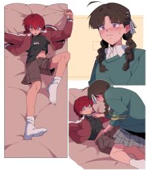 2girls absurdres awa_subaru bio_w5 black_hair black_shirt blue_eyes blush braid brown_shorts clothes_grab collared_shirt commentary ear_blush girls_band_cry green_sweater grey_skirt hand_under_clothes hand_under_shirt hashtag-only_commentary highres iseri_nina jacket long_sleeves multiple_girls open_clothes open_jacket open_mouth plaid_clothes plaid_skirt pleated_skirt purple_eyes red_hair red_jacket shirt shirt_grab short_twintails shorts skirt socks straddling sweater twin_braids twintails white_shirt white_socks yuri