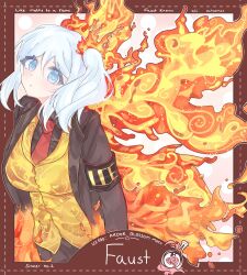 1girl absurdres ardor_blossom_star_(e.g.o) armband black_jacket black_shirt blue_eyes border breasts brown_border character_name closed_mouth collared_shirt e.g.o_(project_moon) faust_(project_moon) fiery_clothing fiery_wings fire_hair_ornament highres jacket kyuncat lce_(identity)_(project_moon) limbus_company long_sleeves looking_at_viewer necktie orange_vest pink_background project_moon red_necktie shirt short_hair side_ponytail simple_background solo standing upper_body vest white_hair wings