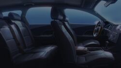 blue_sky blurry blurry_background car_interior car_seat dim_lighting highres leather motion_blur night no_humans non-web_source official_art our_life:_beginnings_and_always rear-view_mirror scenery seatbelt side-view_mirror sky steering_wheel window_light
