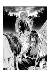 1girl 2boys alcohol border bottle choko_(cup) closed_eyes cloud cloudy_sky coat coat_on_shoulders commentary_request cross_scar cup facial_scar feet_out_of_frame glint greyscale hair_ribbon hakama hakama_pants hiko_seijuurou himura_kenshin holding holding_sword holding_weapon japanese_clothes kamiya_kaoru katana kimono long_hair low_ponytail monochrome multiple_boys natsu_mikan_(level9) outdoors pants parted_lips ponytail ribbon rurouni_kenshin sake sake_bottle scar scar_on_cheek scar_on_face shaded_face sidelocks sitting sky standing sword tree weapon white_border wide_sleeves