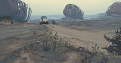 abandoned absurdres car cloud cloudy_sky highres honda honda_cr-v motor_vehicle no_humans rust sand science_fiction simon_stalenhag sky sports_utility_vehicle swedish_machines tree
