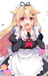 1girl alternate_costume apron black_dress black_ribbon blonde_hair blue_flower blush braid breasts commentary_request dress enmaided fang flower hair_between_eyes hair_flaps hair_ornament hair_ribbon hairclip highres juliet_sleeves kantai_collection long_hair long_sleeves maid maid_headdress neckerchief open_mouth petals pink_flower puffy_sleeves purple_flower red_eyes red_neckerchief ribbon ringo_sui side_braid simple_background solo white_background white_flower yuudachi_(kancolle) yuudachi_kai_ni_(kancolle)