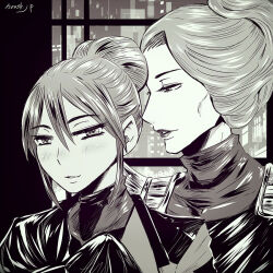 Rule 34 | 2girls, age difference, blush, gundam, gundam gquuuuuux, hair bun, indoors, kycilia zabi, lipstick, looking at another, makeup, mature female, monochrome, multiple girls, night, nyaan (gundam gquuuuuux), s.yoshida (nouskjp), smile, window, yuri