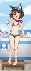 animal_ear_fluff animal_ears batazungharn bead_bracelet beads bikini black_hair blue_archive blue_sky blurry bracelet breasts cloud cloudy_sky denim denim_shorts depth_of_field eyeshadow flower food fox_ears fox_girl fox_tail hair_flower hair_ornament highres holding holding_food holding_popsicle izuna_(blue_archive) izuna_(swimsuit)_(blue_archive) jewelry makeup official_alternate_costume pom_pom_(clothes) pom_pom_hair_ornament popsicle red_eyeshadow red_scarf refrigerator sandals scarf short_shorts shorts sitting sitting_on_object sky small_breasts stomach stool striped_bikini striped_clothes swimsuit tail thighs toes visor_cap yellow_eyes