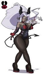 1girl 2025 anger_vein angry annoyed arm_at_side artist_logo artist_name bare_shoulders big_hair black_leotard black_pantyhose black_shoes blush bow breasts collarbone commentary dark-skinned_female dark_skin demon_girl demon_horns demon_tail detached_collar elbow_gloves english_commentary female_focus floating_hair full_body glass gloves helltaker high_heels highres holding holding_plate horns huge_breasts judgement_(helltaker) leotard logo monster_girl open_mouth pantyhose parted_bangs plate playboy_bunny pumps sexytimeradio shadow shoes simple_background solo sweat tail v-shaped_eyebrows variant_set white_background white_hair yellow_eyes