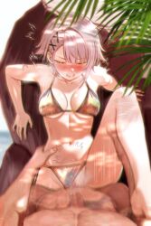 1boy 1girl afterimage alternate_costume art_undertaker bikini bikini_bottom_aside blush breasts breasts_apart clenched_teeth closed_eyes clothing_aside commander_(girls&#039;_frontline) commentary english_commentary girls&#039;_frontline girls&#039;_frontline_2:_exilium gold_bikini grey_hair hair_ornament hetero highres medium_breasts navel penis pov sex short_hair stomach swimsuit teeth uncensored vaginal vector_(girls&#039;_frontline) vector_(girls&#039;_frontline_2) x_hair_ornament