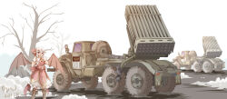 1girl absurdres bm-21 highres military military_vehicle motor_vehicle multiple_rocket_launcher pzgr.40 remilia_scarlet rocket_artillery rocket_launcher self-propelled_artillery solo spare_tire touhou truck unused_tire weapon