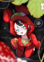Rule 34 | 1girl, @ @, animal ears, black streaks, blue eyes, burusuka (burusuka2525), food, fruit, hakos baelz, hakos baelz (5th costume), highres, hololive, hololive english, hood, hood up, hooded pajamas, mini person, minigirl, mouse ears, mouse girl, multicolored hair, official alternate costume, onesie, open mouth, pajamas, red hair, red pajamas, seiza, sitting, solo, speech bubble, spoken squiggle, squiggle, strawberry, sweat, virtual youtuber, white hair