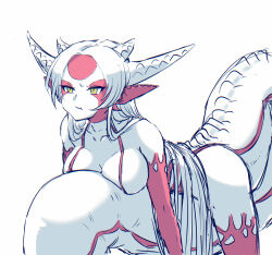 1girl :t absurdres breast_press breasts cowboy_shot highres horns long_hair medium_breasts monster_girl multiple_horns original simple_background slit_pupils tama_go_shi thick_tail very_long_hair very_long_tail white_background white_hair yellow_eyes