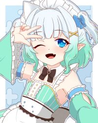 1girl ahoge apron black_bow black_bowtie blue_bow blue_bowtie blue_eyes blush bow bowtie detached_collar detached_sleeves flat_chest frilled_apron frilled_sleeves frills gradient_hair green_hair hair_bow hair_intakes hair_ornament hairclip highres indie_virtual_youtuber kisaragi_1go long_sleeves maid maid_apron maid_headdress mint_fantome mint_fantome_(minto_2.0) multicolored_hair one_eye_closed open_mouth pointy_ears short_hair smile solo two_side_up virtual_youtuber wavy_hair white_apron white_hair wide_sleeves x_hair_ornament