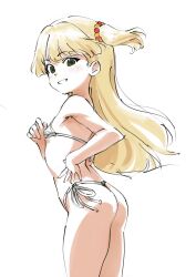 Rule 34 | 1girl, ass, bikini, blonde hair, breasts, flat chest, green eyes, grin, highres, idolmaster, idolmaster cinderella girls, jougasaki rika, long hair, micro bikini, nhej, side-tie bikini bottom, simple background, small breasts, smile, swimsuit, teeth, twintails, white background