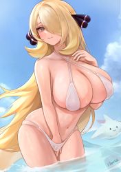 1girl artist_name bikini blonde_hair blue_sky blush breasts closed_mouth cloud collarbone cynthia_(pokemon) day gen_3_pokemon gen_4_pokemon grey_eyes hair_ornament hair_over_one_eye highres large_breasts long_hair looking_at_viewer milotic navel nintendo norza ocean outdoors partially_submerged pokemon pokemon_(creature) pokemon_dppt sky swimsuit togekiss wet white_bikini