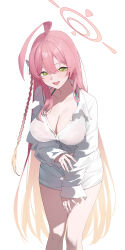 1girl absurdres ahoge bikini bikini_under_clothes blue_archive blush braid breasts cleavage commentary_request feet_out_of_frame green_eyes hair_between_eyes halo hanako_(blue_archive) hanako_(swimsuit)_(blue_archive) highres huge_ahoge large_breasts long_hair long_sleeves looking_at_viewer open_mouth pink_hair pink_halo puffy_long_sleeves puffy_sleeves simple_background single_braid smile solo standing sukaliya swimsuit thighs white_background
