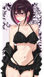 1girl absurdres averting_eyes azki_(hololive) bare_shoulders bikini black_bikini black_hair black_jacket blush bob_cut breasts closed_mouth colored_inner_hair cowboy_shot double-parted_bangs frilled_bikini frills hair_between_eyes highleg highleg_bikini highres hololive jacket jacket_partially_removed medium_breasts mino_(miiiinon611) multi-strapped_bikini_bottom multicolored_hair navel open_clothes open_jacket pink_hair purple_eyes short_hair solo stomach streaked_hair swimsuit virtual_youtuber white_hair