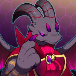 1other ascot black_sclera cape claws colored_sclera dragon dragon_village_(series) dragon_village_collection furry glowing glowing_eyes hand_up high_collar highres honeycomb_(pattern) honeycomb_background looking_at_viewer moonnelno obex_(dragon_village) pink_wings purple_background purple_eyes red_ascot red_cape solo upper_body wings