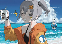 2girls absurdres adapted_costume alternate_costume animal_hair_ornament beach bikini black_bikini black_one-piece_swimsuit blue_innertube blue_sky blush breasts carton chinese_commentary cleavage cloud collarbone commentary day double-parted_bangs drinking_straw emblem grey_eyes grey_hair hair_ornament hairclip hand_up highres holding holding_carton holding_swim_ring hood hood_down hoodie in_water innertube karenina_(pgr) looking_at_viewer medium_hair mountainous_horizon multiple_girls nainainainainaiya nanami:_starfarer_(night_navigator)_(pgr) nanami_(pgr) ocean one-piece_swimsuit one_eye_closed one_side_up orange_hoodie outdoors parted_lips product_placement punishing:_gray_raven sand short_hair sky small_breasts smile solo_focus star_(symbol) star_sticker sticker_on_face sweat sweatdrop swim_ring swimsuit thigh_strap waves white_hair wristband