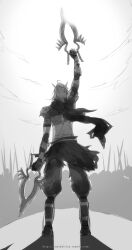 1boy arm_up armor assassin_cross_(ragnarok_online) cape commentary dagger dual_wielding elbow_gloves english_commentary from_behind full_body fumiddition glint gloves greyscale highres holding holding_dagger holding_knife holding_weapon jamadhar knife male_focus medium_hair monochrome pants pauldrons ragnarok_online scarf shirt shoulder_armor solo standing torn_cape torn_clothes torn_scarf waist_cape watermark weapon web_address