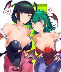 2girls alternate_breast_size animal_print bare_shoulders bat_print bat_wings black_leotard black_nails breasts cesar_art456 clothing_cutout commentary_request copyright_name cosplay darkstalkers demon_girl fake_head_wings female_focus fubuki_(one-punch_man) fur-trimmed_leotard fur_trim green_eyes green_hair grey_nails head_wings heart heart_cutout highleg highleg_leotard highres huge_breasts large_breasts leotard lilith_(darkstalkers) lilith_(darkstalkers)_(cosplay) low_wings matching_hair/eyes medium_breasts medium_hair morrigan_aensland morrigan_aensland_(cosplay) multiple_girls one-punch_man pantyhose pink_pantyhose print_pantyhose purple_pantyhose red_leotard siblings sisters spanish_commentary spoken_heart strapless strapless_leotard tatsumaki wings