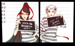 2girls bayonetta bayonetta_(series) female_focus glasses jeanne_(bayonetta) kenda-oh long_hair mugshot multiple_girls prison prison_clothes resized shirt sign_holding striped_clothes striped_shirt