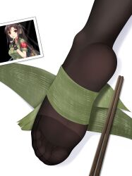 1girl bag black_pantyhose breasts brown_hair chopsticks closed_mouth collared_shirt commission feet finger_to_mouth foot_focus girls&#039;_frontline green_shirt highres looking_at_viewer medium_breasts no_shoes pantyhose photo_(object) red_eyes reference_inset shadow shirt shoulder_bag simple_background smile soles toe_seam toes type_64_(girls&#039;_frontline) upper_body white_background wl217_(nicexa111)