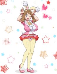 1girl adapted_costume animal_ears arms_up breasts brown_hair collarbone fake_animal_ears full_body grey_eyes hitokiwa_kenchin huge_breasts looking_at_viewer may_(pokemon) miniskirt one_eye_closed open_mouth panties pantyhose pink_panties pink_shoes pink_skirt pokemon pokemon_masters_ex rabbit_ears rabbit_pose shoes short_sleeves skirt smile solo star underwear white_background wink yellow_pantyhose