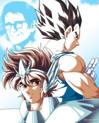 absurdres armor artist_logo back-to-back black_hair blue_sky blue_tank_top brown_eyes brown_hair closed_mouth cloud cloudy_sky commentary dragon_ball dragonball_z english_commentary eric_legrand glasses highres kinzokumatto logo looking_at_viewer looking_back muscular muscular_male pegasus_seiya real_life saint_seiya sky smile spiked_hair tank_top vegeta voice_actor voice_actor_connection
