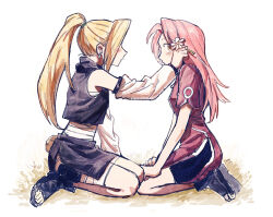 2girls 79x_(ox79xo) bandaged_torso black_shorts blonde_hair blush cropped_shirt detached_sleeves dress flower full_body hair_flower hair_ornament haruno_sakura highres holding holding_flower long_hair looking_at_another multiple_girls naruto_(classic) naruto_(series) open-toe_shoes pink_hair ponytail purple_shirt purple_skirt red_dress seiza shirt shorts sitting skirt white_background yamanaka_ino yuri