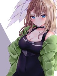 1girl black_bodysuit blue_eyes blush bodysuit breasts brown_hair cleavage closed_mouth collarbone eunie_(xenoblade) green_jacket hair_between_eyes head_wings highres jacket large_breasts long_hair looking_at_viewer nanase_nao open_clothes open_jacket solo standing upper_body wings xenoblade_chronicles_(series) xenoblade_chronicles_3