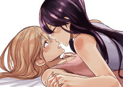 2girls absurdres aihara_mei aihara_yuzu black_hair blonde_hair citrus_(saburouta) closed_eyes commentary fingernails from_side girl_on_top highres holding_hands inseki interlocked_fingers kiss lying multiple_girls on_back open_mouth siblings simple_background sisters step-siblings sweet_reverie symbol-only_commentary white_background wife_and_wife yuri