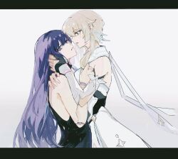 2girls bare_shoulders blonde_hair blunt_bangs chen6493 detached_sleeves dress face-to-face from_side genshin_impact gradient_background grey_background hair_between_eyes hair_down hand_in_another&#039;s_hair hand_on_another&#039;s_back hand_on_another&#039;s_cheek hand_on_another&#039;s_face hands_up highres hug joints leaning_forward leaning_on_person long_hair looking_at_viewer looking_down looking_to_the_side lumine_(genshin_impact) mole mole_under_eye multiple_girls parted_lips purple_eyes purple_hair raiden_shogun robot_joints scarf short_hair simple_background standing upper_body white_dress white_scarf yellow_eyes yuri