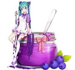 1girl ango ankkoyom asymmetrical_legwear bad_id bad_pixiv_id blue_eyes blue_hair blueberry blueberry_hair_ornament bow bowtie bracelet capelet dress dripping female_focus food food-themed_clothes food-themed_hair_ornament food_print footwear_bow frilled_dress frills fruit fruit_print full_body gradient_hair hair_ornament hairpin halterneck hatsune_miku high_heels holding holding_own_hair jam jar jewelry leaf leg_ribbon long_hair looking_at_viewer matching_hair/eyes multicolored_hair platform_shoes purple_bow purple_bowtie purple_hair purple_ribbon purple_shoes red_bow ribbon shoes simple_background sitting smile solo twintails twitter_username uneven_legwear very_long_hair vocaloid white_background white_dress white_legwear