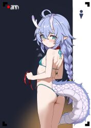 1girl ahoge ass bailu_(honkai:_star_rail) bare_shoulders bikini blue_bikini blue_eyes blue_hair blush braid breasts closed_mouth crossed_bangs dragon_girl dragon_horns dragon_tail eastern_dragon_horns eastern_dragon_tail hair_between_eyes highres holding holding_leash honkai:_star_rail honkai_(series) horns leash loli long_hair looking_at_viewer looking_back overmoon pointy_ears purple_horns red_leash small_breasts solo standing string_bikini swimsuit tail