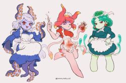 Rule 34 | 3girls, apron, blood, blood on clothes, blue dress, colored skin, commentary request, dress, eyelashes, full body, green hair, green skin, heart (organ), holding, holding knife, ippaiotabe mkw, juliet sleeves, knife, long sleeves, marina (omori), medusa (omori), molly (omori), monster girl, multiple girls, omori, one eye closed, pink skin, puffy sleeves, purple skin, siblings, simple background, sisters, suction cups, tentacle arm, tentacles, twitter username