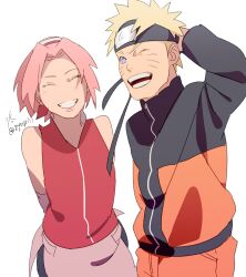 Rule 34 | 1boy, 1girl, ;d, blonde hair, blue eyes, closed eyes, facing viewer, forehead protector, haruno sakura, jacket, konohagakure symbol, looking at viewer, naruto (series), naruto shippuuden, ninja, one eye closed, open mouth, orange jacket, pink hair, red shirt, shirt, short hair, simple background, sleeveless, sleeveless shirt, smile, spiked hair, uzumaki naruto, white background, zifletts