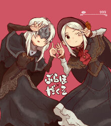 Rule 34 | 2girls, ascot, black dress, blindfold, bloodborne, bonnet, brown capelet, capelet, closed mouth, commentary request, company connection, dark souls (series), dark souls iii, dress, eushima (sgr), fire keeper, fromsoftware, heart, heart hands, highres, layered ascot, long hair, looking at viewer, multiple girls, one eye closed, open mouth, plain doll, red ascot, red background, simple background, standing, translation request, v, v over eye, white hair