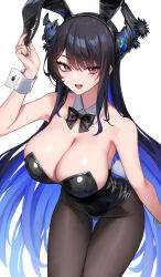 Rule 34 | 1girl, :d, animal ear hairband, animal ears, asymmetrical horns, bare shoulders, black bow, black bowtie, black hair, black leotard, black nails, blue hair, bow, bowtie, breasts, cleavage, colored inner hair, commentary, covered navel, detached collar, english commentary, fake animal ears, fake tail, flower, hairband, hand up, highres, hololive, hololive english, horn flower, horns, large breasts, leotard, long hair, looking at viewer, mole, mole under eye, multicolored hair, nail polish, nerissa ravencroft, oopartz yang, open mouth, pantyhose, playboy bunny, purple eyes, rabbit ear hairband, rabbit ears, rabbit tail, sidelocks, simple background, slit pupils, smile, solo, strapless, strapless leotard, tail, uneven horns, very long hair, virtual youtuber, white background, wrist cuffs