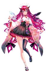 1girl alternate_costume asymmetrical_wings black_choker black_hakama black_sash black_thighhighs blue_eyes bow choker closed_mouth commentary commission crystal_wings detached_wings double_halo earrings english_commentary floral_print floral_print_kimono flower_earrings frilled_hakama full_body furisode_sleeves garter_straps hair_between_eyes hair_ornament hakama hakama_short_skirt hakama_skirt halo heterochromia highres hololive hololive_english horns irys_(hololive) japanese_clothes jewelry kanzashi kimono long_hair looking_at_viewer low-tied_long_hair mismatched_wings multicolored_hair obi pink_kimono pointy_ears print_kimono purple_eyes purple_hair red_hair sash sidelocks simple_background single_garter_strap skirt smile socks solo sowon star_halo streaked_hair tabi thighhighs tsumami_kanzashi very_long_hair virtual_youtuber waist_bow white_socks wide_sleeves wings
