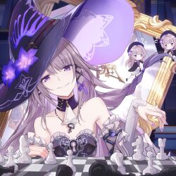 1girl bare_shoulders board_game braid chess chess_piece chessboard detached_collar detached_sleeves dress elbow_gloves flower gloves hat hat_flower herta_(honkai:_star_rail) highres honkai:_star_rail honkai_(series) long_hair looking_at_viewer mirror nail_polish purple_dress purple_eyes purple_hair purple_nails saint_laurent_paris smile solo the_herta_(honkai:_star_rail) upper_body witch witch_hat