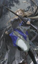 1girl absurdres barbed_wire black_boots black_cape blue_eyes blue_jacket boots breasts cape diffraction_spikes eye_trail floating_hair foot_out_of_frame from_below gargoyle glint grey_hair grey_sky gun highres holding holding_gun holding_weapon jacket jumping leg_up light_trail long_hair looking_at_viewer medium_breasts military_uniform pants rain reverse:1999 rifle sentinel_(reverse:1999) sky solo tree tuzi_yan weapon white_pants