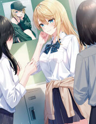 3girls baseball_cap black_hair blonde_hair blue_eyes bow bowtie bshi_edayo camisole chalkboard class_de_ichiban_kawaii_gyaru classroom clothes_around_waist cowlick dress_shirt dutch_angle gyaru hand_on_own_cheek hand_on_own_face hands_up hat highres jacket kouzuki_sakura light_blush long_hair multiple_girls novel_illustration off_shoulder official_art open_clothes open_jacket pleated_skirt poster_(object) school_uniform second-party_source shirt short_hair sitting skirt smile