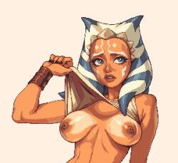 1girl ahsoka_tano alien blue_eyes breasts breasts_apart clothes_lift colored_skin dog_head_02 facial_mark flashing highres large_breasts lekku_(anatomy) nipples orange_skin pixel_art shirt shirt_lift sleeveless sleeveless_shirt solo star_wars togruta white_background white_shirt