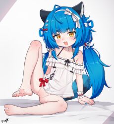 1girl :3 absurdres animal_ears barefoot blue_hair blue_nails boppin bottomless chromashift cleft_of_venus commentary flat_chest full_body halterneck highres loli looking_at_viewer low_twintails nail_polish off-shoulder_shirt off_shoulder open_mouth poko_rakun pussy raccoon_ears raccoon_girl raccoon_tail shirt solo tail thick_eyebrows toes twintails v-shaped_eyebrows variant_set virtual_youtuber white_shirt yellow_eyes