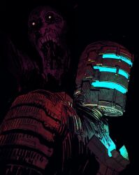 Rule 34 | 1boy, 1other, black background, commentary, dead space, english commentary, glowing, hayden sherman, helmet, horror (theme), isaac clarke, male focus, necromorph, open mouth, orange eyes, portrait, science fiction, western comics (style)