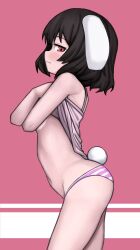 1girl :3 alternate_costume animal_ears black_hair breasts camisole closed_mouth clothes_lift commentary covering_breasts covering_privates cowboy_shot floppy_ears from_side highres inaba_tewi light_blush looking_at_viewer looking_to_the_side naughty_face nuclear_cake panties pink_camisole pink_panties profile rabbit_ears rabbit_girl rabbit_tail red_background red_eyes short_hair small_breasts solo stomach striped_clothes striped_panties tail touhou underwear undressing