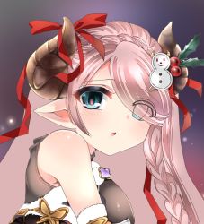 1girl :o black_dress blush braid brown_horns christmas commentary_request demon_horns detached_sleeves draph dress eyes_visible_through_hair fur-trimmed_dress fur-trimmed_sleeves fur_trim granblue_fantasy hair_over_one_eye heart heart-shaped_pupils holly horn_ornament horn_ribbon horns long_hair looking_at_viewer mashimaro_tabetai narmaya_(granblue_fantasy) narmaya_(holiday)_(granblue_fantasy) parted_lips pink_hair pointy_ears portrait ribbon sleeveless sleeveless_dress snowman_hair_ornament solo swept_bangs symbol-shaped_pupils