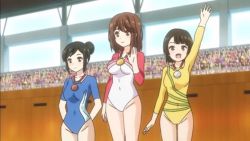 3girls award blond_medal blue_leotard girlfriend_(kari) gold_medal highleg highleg_leotard leotard multiple_girls shiina_kokomi silver_medal yellow_leotard