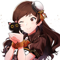 Rule 34 | 1girl, brown eyes, brown hair, closed mouth, hat, holding, holding stuffed toy, idolmaster, idolmaster million live!, idolmaster million live! theater days, kitazawa shiho, kitazawa shiho (chocolate rose), light blush, long hair, mini hat, official alternate costume, one eye closed, puffy short sleeves, puffy sleeves, shirop imas, short sleeves, simple background, smile, solo, stuffed animal, stuffed cat, stuffed toy, upper body, white background, white hat, wrist cuffs