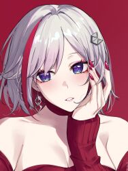 1girl absurdres alternate_costume bare_shoulders blush breasts cleavage collarbone colored_inner_hair commentary diamond-shaped_pupils diamond_(shape) earrings feint721 fingernails hair_ornament hand_up highres honkai:_star_rail honkai_(series) jewelry large_breasts long_fingernails long_sleeves looking_at_viewer multicolored_hair nail_polish off-shoulder_shirt off_shoulder parted_lips pink_hair pink_nails portrait purple_eyes red_background red_shirt shirt short_hair solo streaked_hair symbol-shaped_pupils topaz_(honkai:_star_rail) twitter_username white_hair
