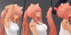 1girl animal_ear_fluff animal_ears arknights arms_up barcode barcode_tattoo blush breasts closed_eyes dokonjou_(odossan) from_side glowing glowing_eyes gravel_(arknights) grey_background heart highres holding_another&#039;s_hair implied_fellatio large_breasts licking_lips long_hair mouse_ears mouse_girl multiple_views out-of-frame_censoring pink_hair ponytail red_eyes shoulder_tattoo sideboob simple_background solo_focus tattoo tongue tongue_out tying_hair